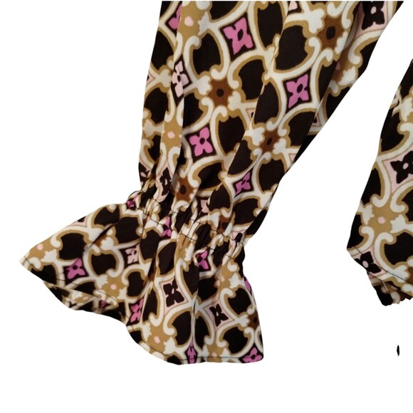 Long Ruffle Sleeve Blouse Women's S Graphic Career Comfort Boack Brown Gathered - Picture 3 of 8